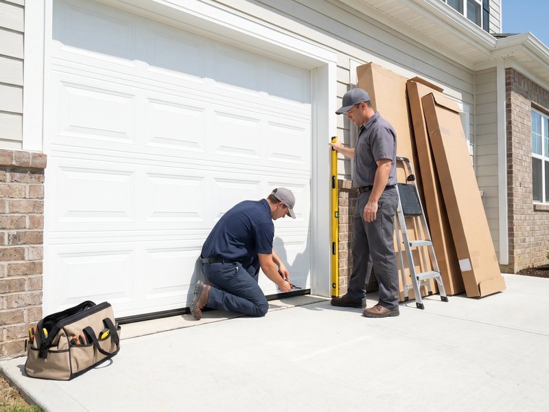 Door sections and tools prepared outside a garage