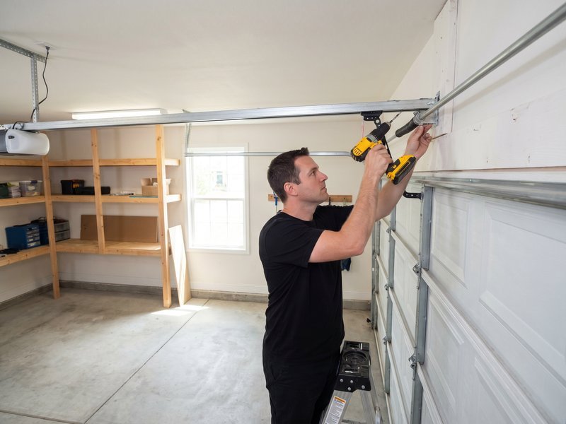 Technician fastening an opener connection to a sectional garage door