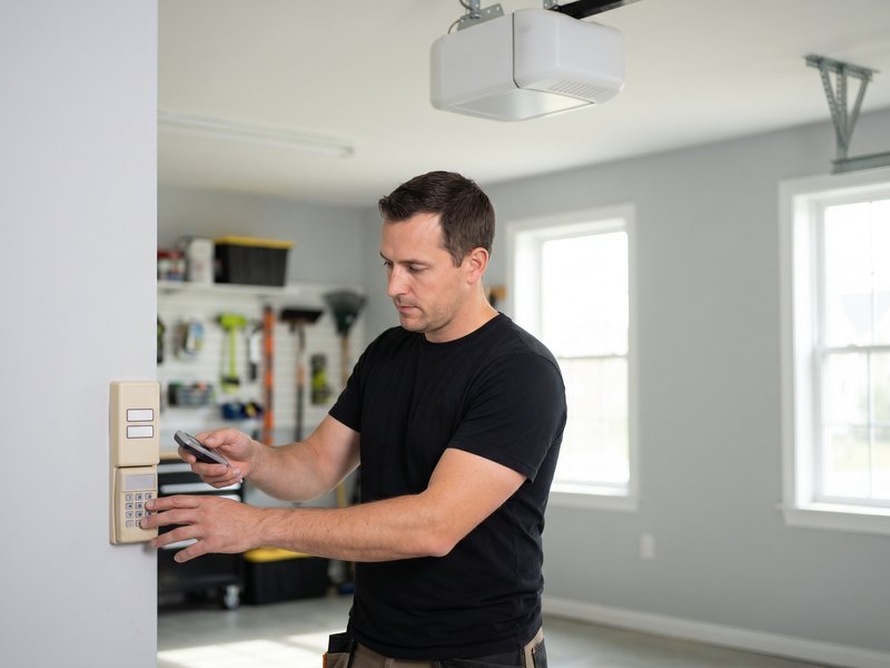 Technician checking wall-control hardware beside a door