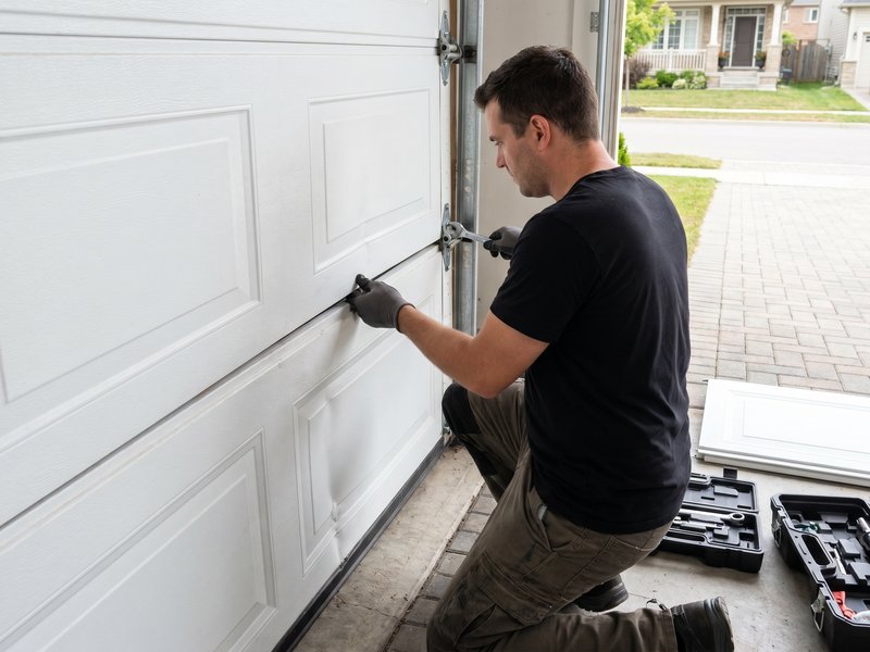 Technician fastening hardware at the edge of a white door