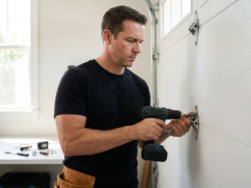 Technician fastening a hinge on a white sectional garage door