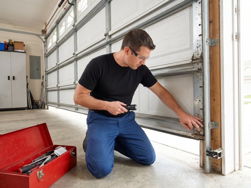 Technician kneeling at a door corner with a red toolbox