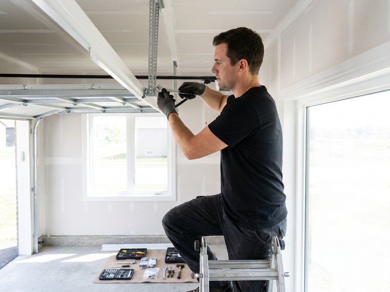 Technician working on a track with hand tools nearby