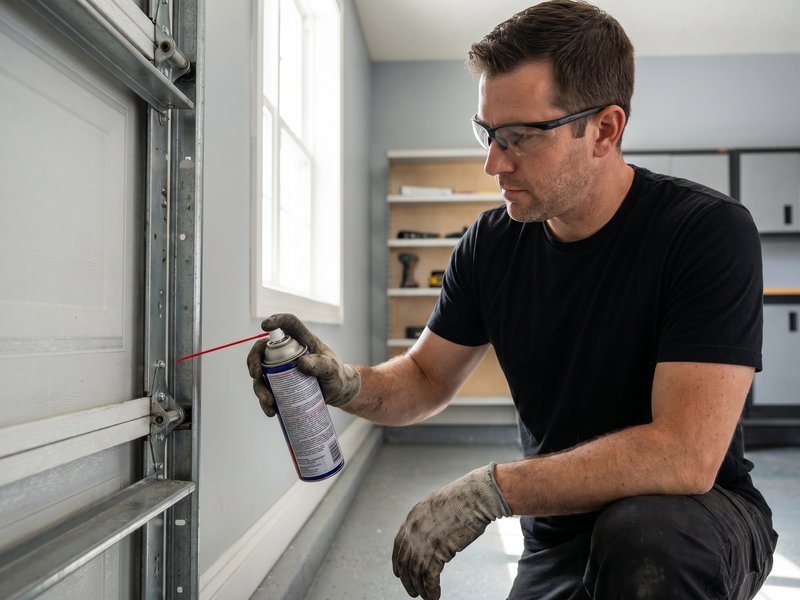 Technician spraying lubricant along a door guide track