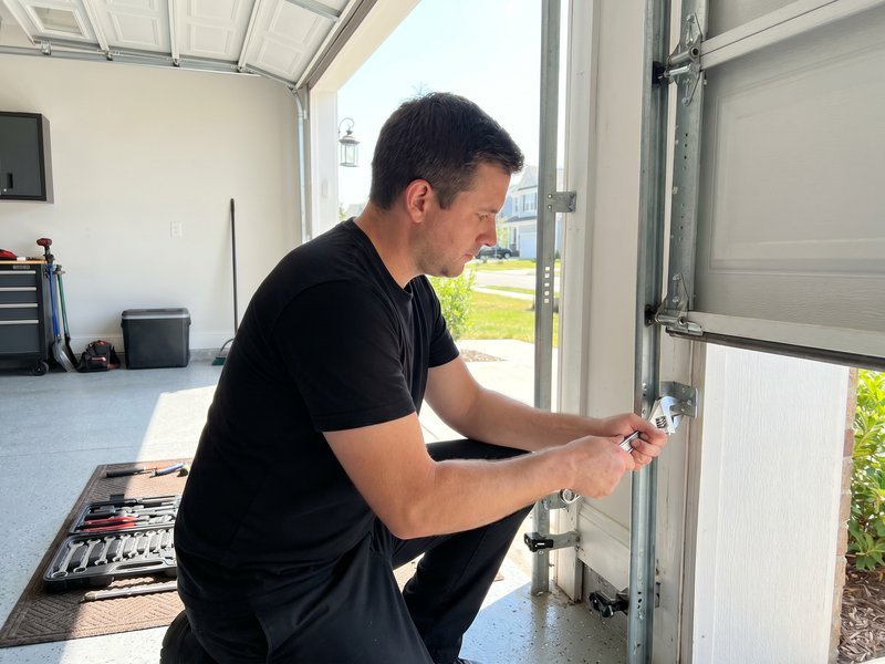 Technician checking the alignment of a vertical guide track