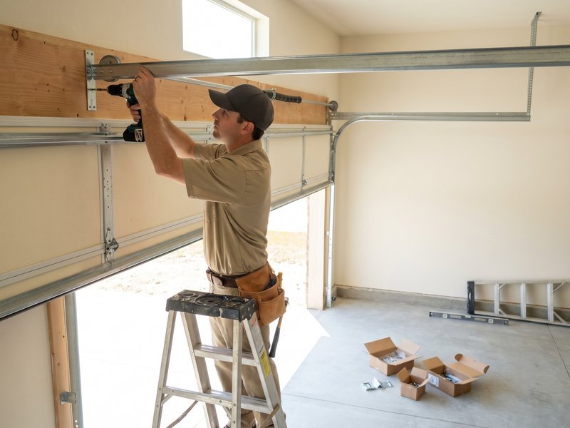 Technician mounting header hardware from a stepladder