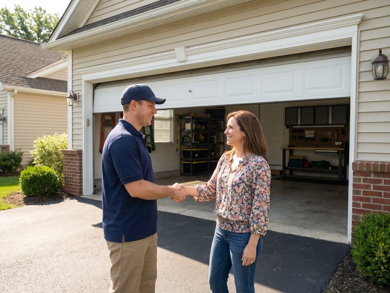 Technician speaking with a homeowner beside a garage