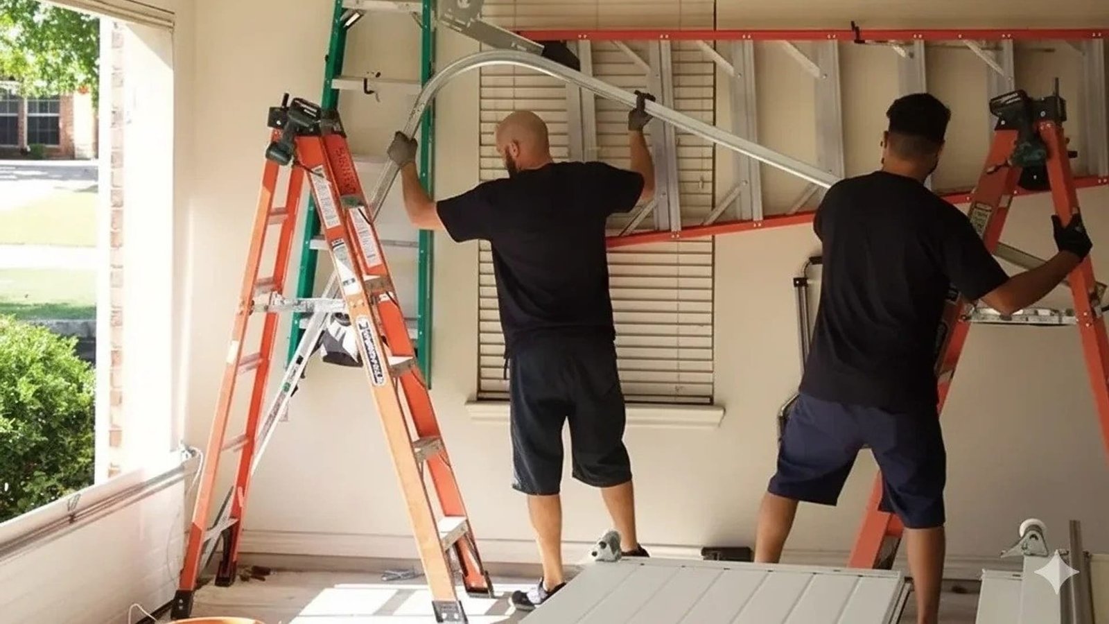 Two technicians examining upper door hardware
